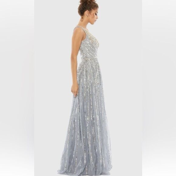Mac Duggal 5220 Silver Sequin one shoulder gray embellished Gown wedding prom 4 - Picture 12 of 14